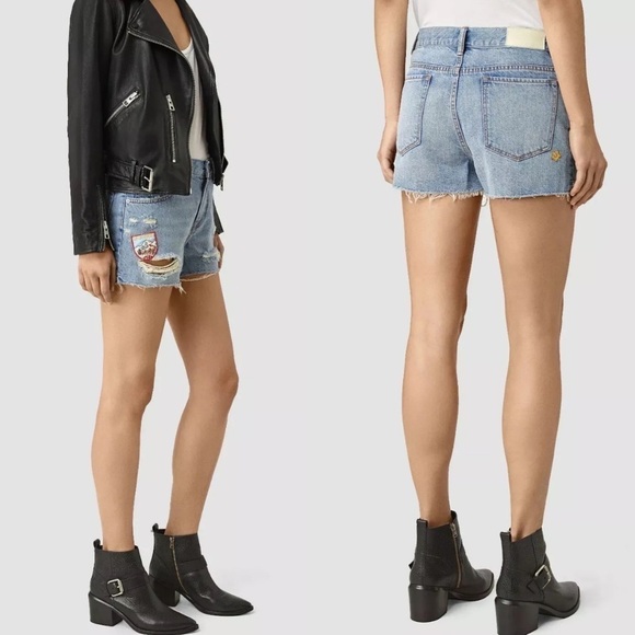 All Saints Pants - AllSaints Kate Distressed Denim Jeans Shorts in Light Indigo Blue Patch Size 32